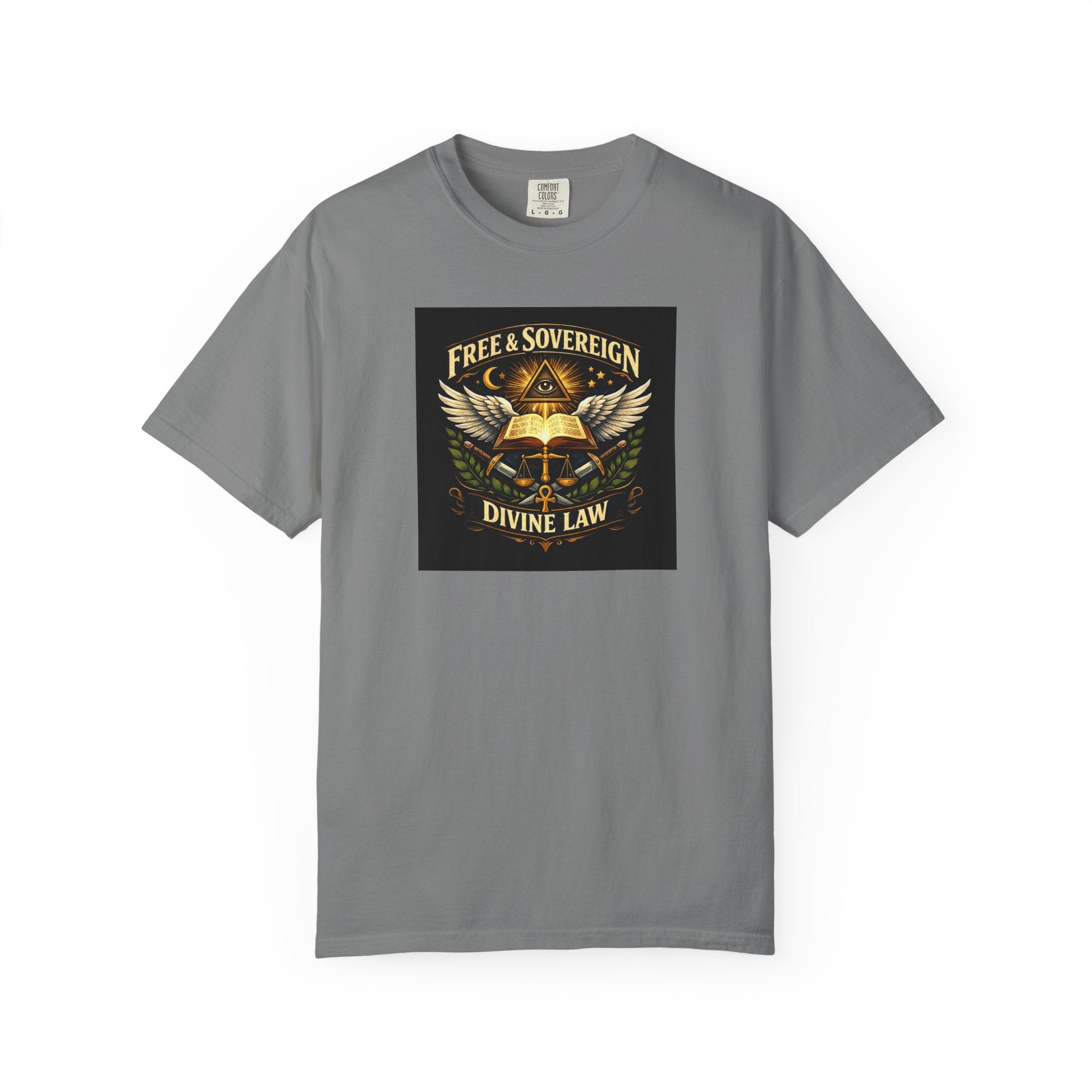 Divine Law Graphic T‑Shirt — "Free & Sovereign" Winged Book Design