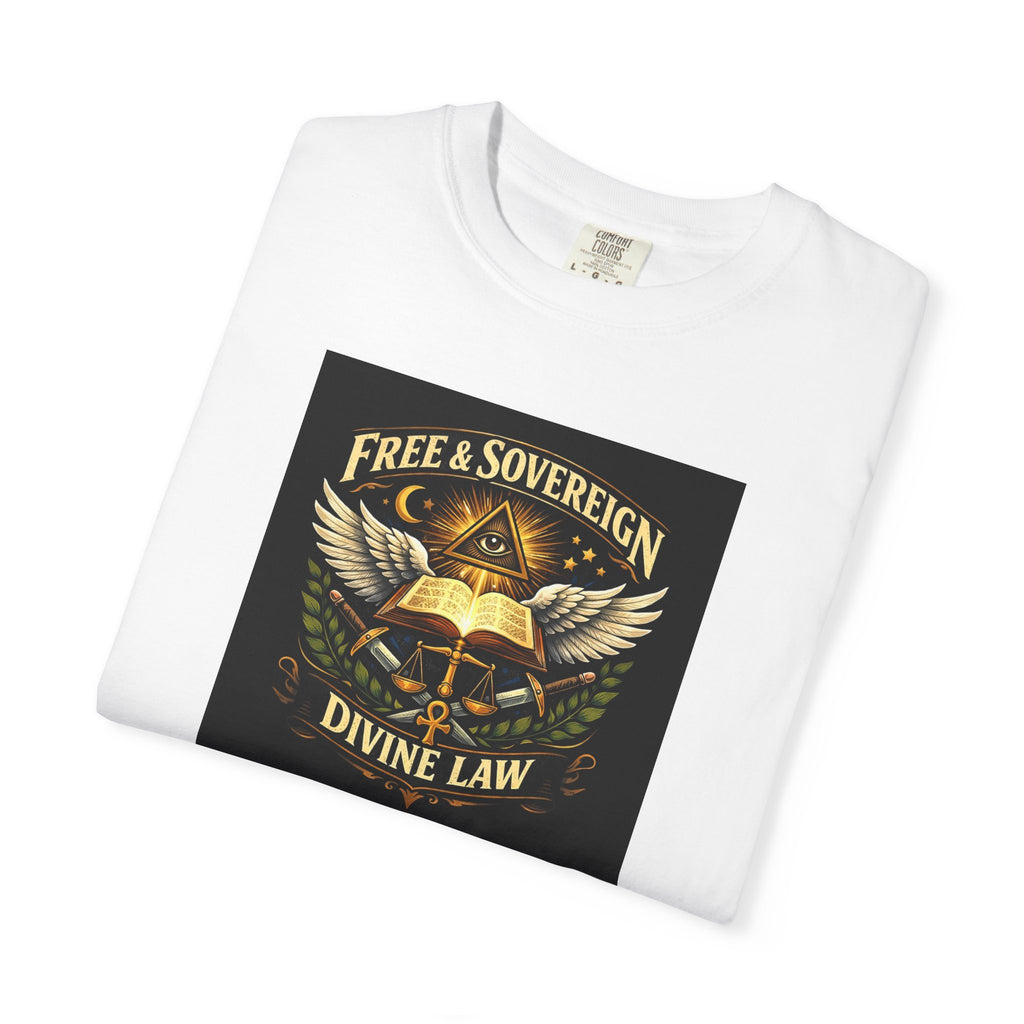 Divine Law Graphic T‑Shirt — "Free & Sovereign" Winged Book Design