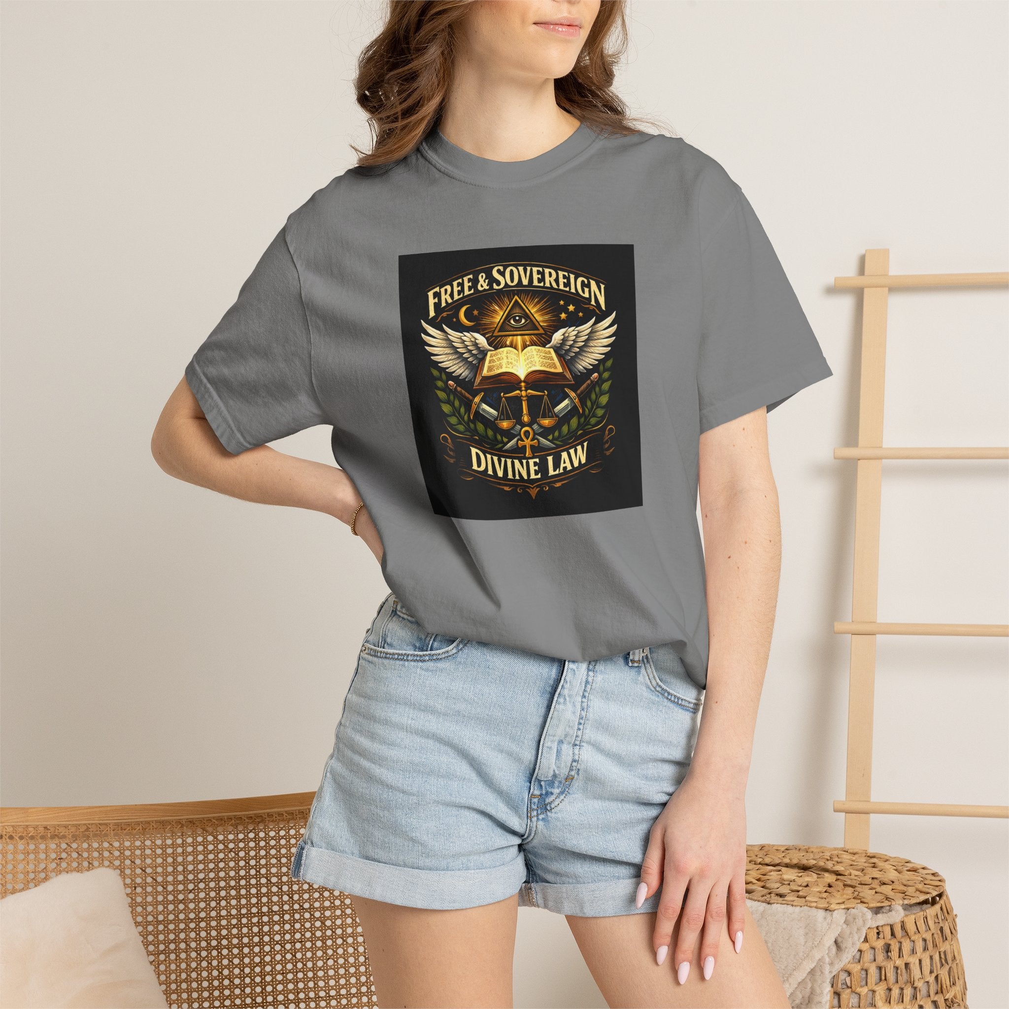 Divine Law Graphic T‑Shirt — "Free & Sovereign" Winged Book Design