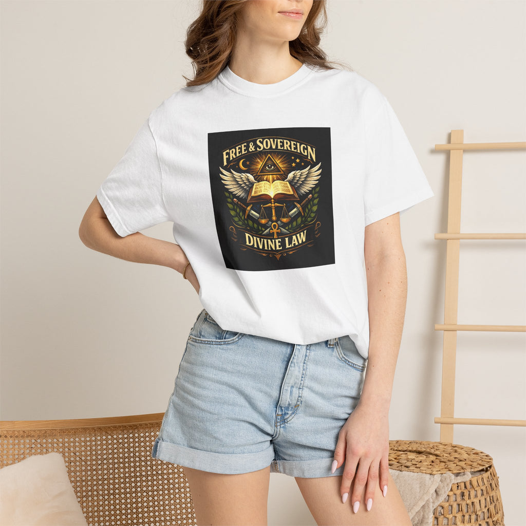 Divine Law Graphic T‑Shirt — "Free & Sovereign" Winged Book Design