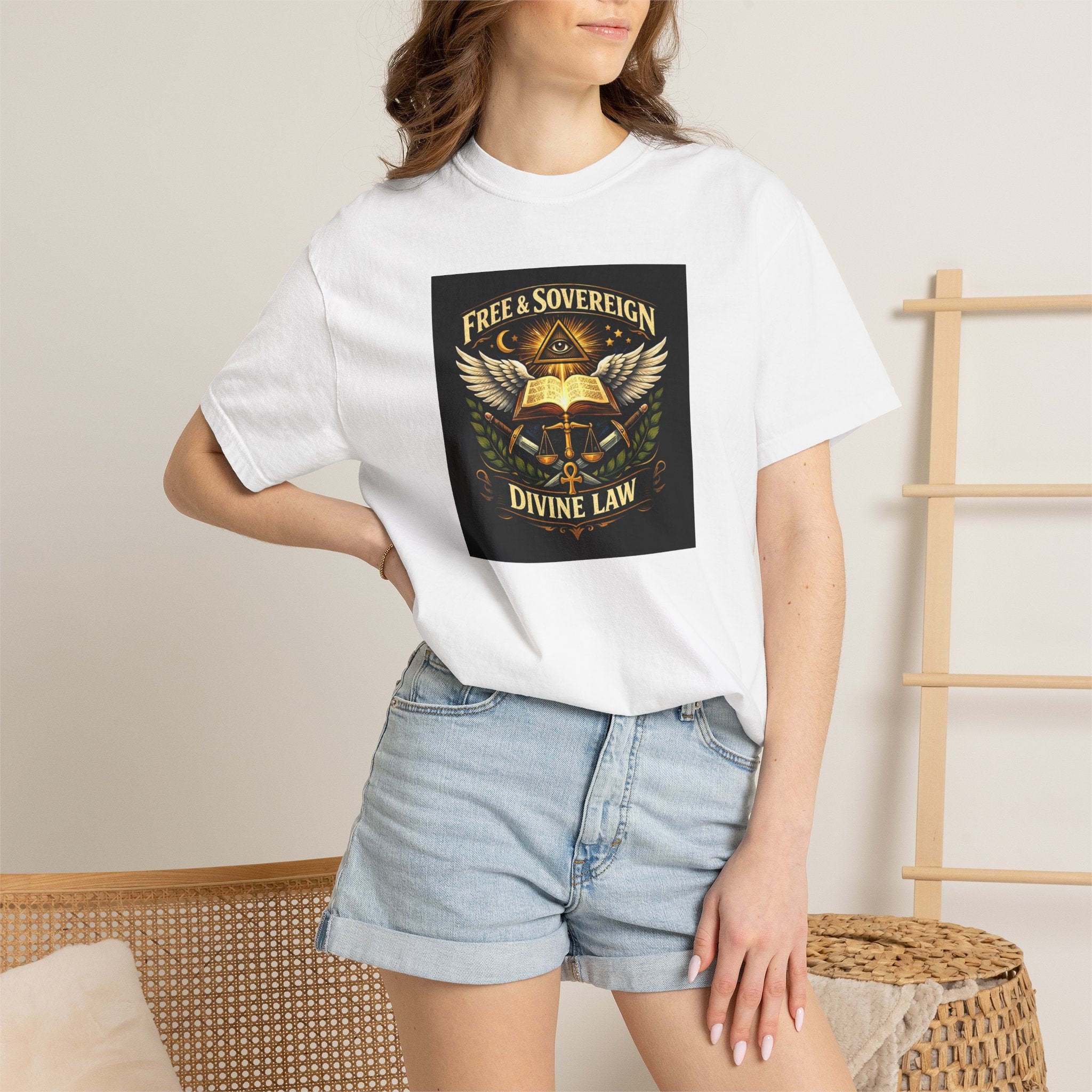 Divine Law Graphic T‑Shirt — "Free & Sovereign" Winged Book Design