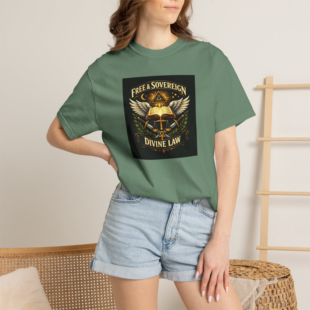 Divine Law Graphic T‑Shirt — "Free & Sovereign" Winged Book Design