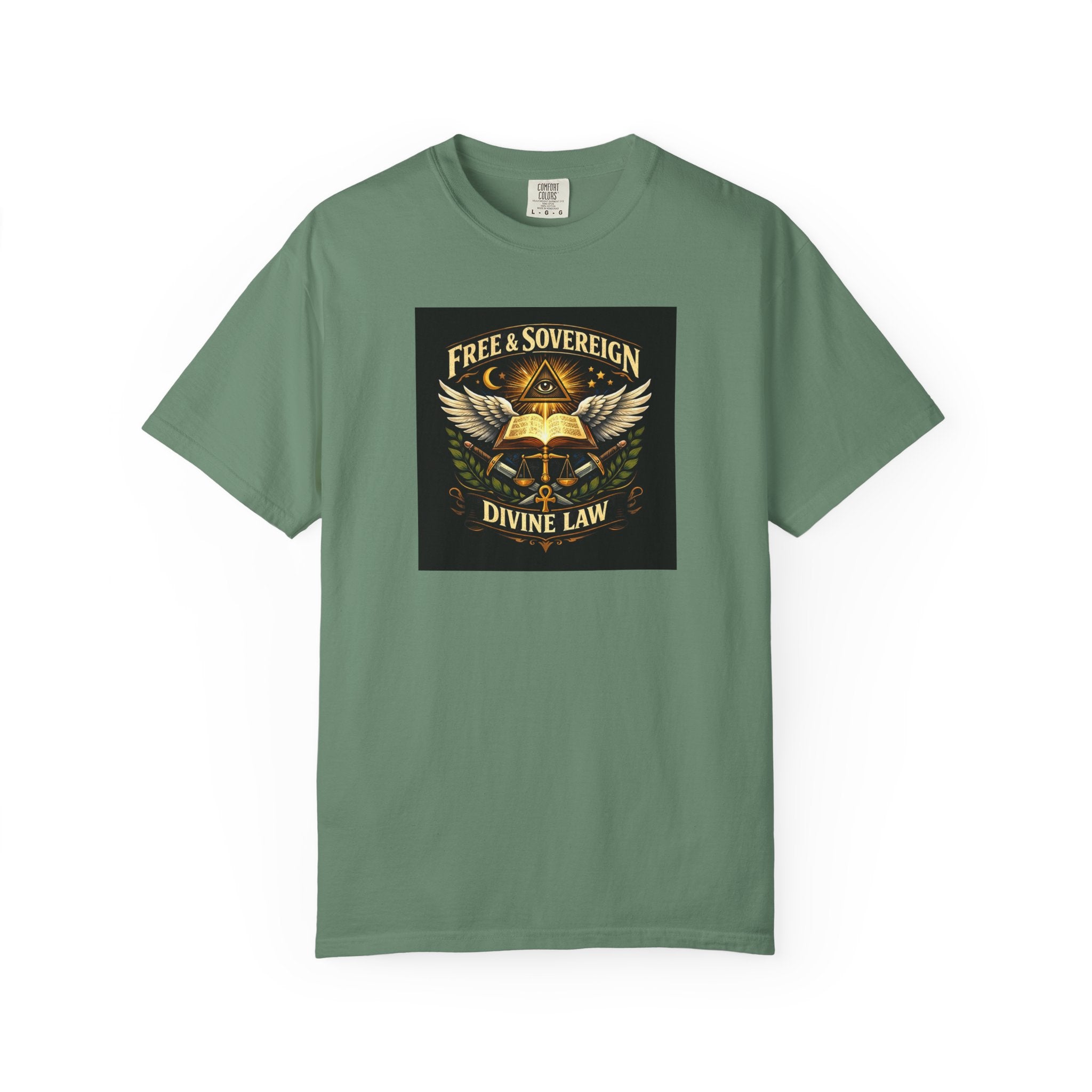 Divine Law Graphic T‑Shirt — "Free & Sovereign" Winged Book Design