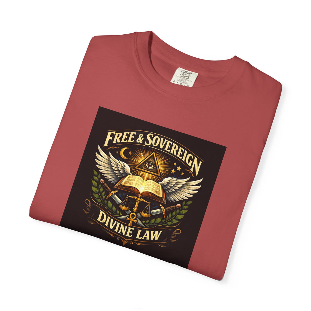 Divine Law Graphic T‑Shirt — "Free & Sovereign" Winged Book Design