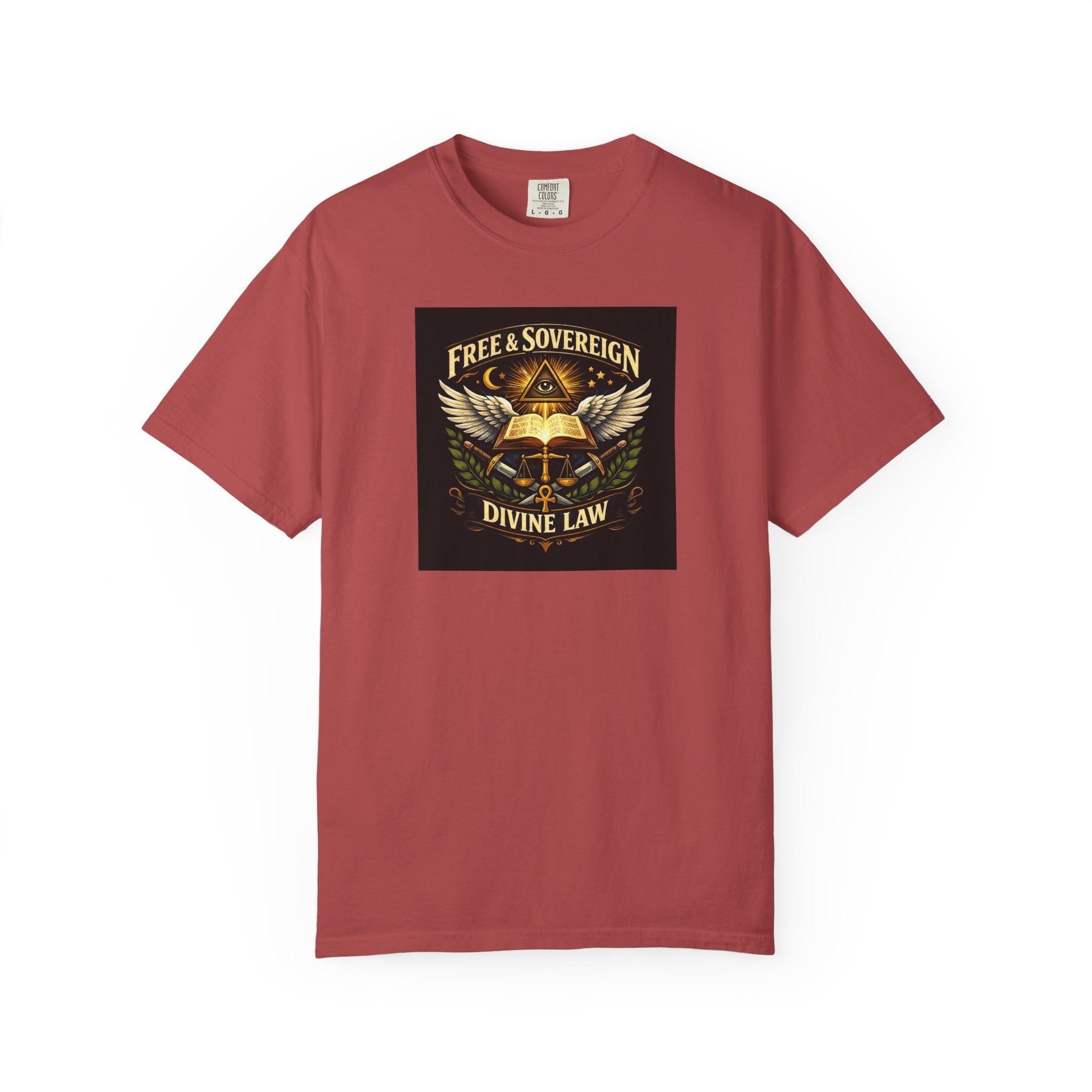 Divine Law Graphic T‑Shirt — "Free & Sovereign" Winged Book Design