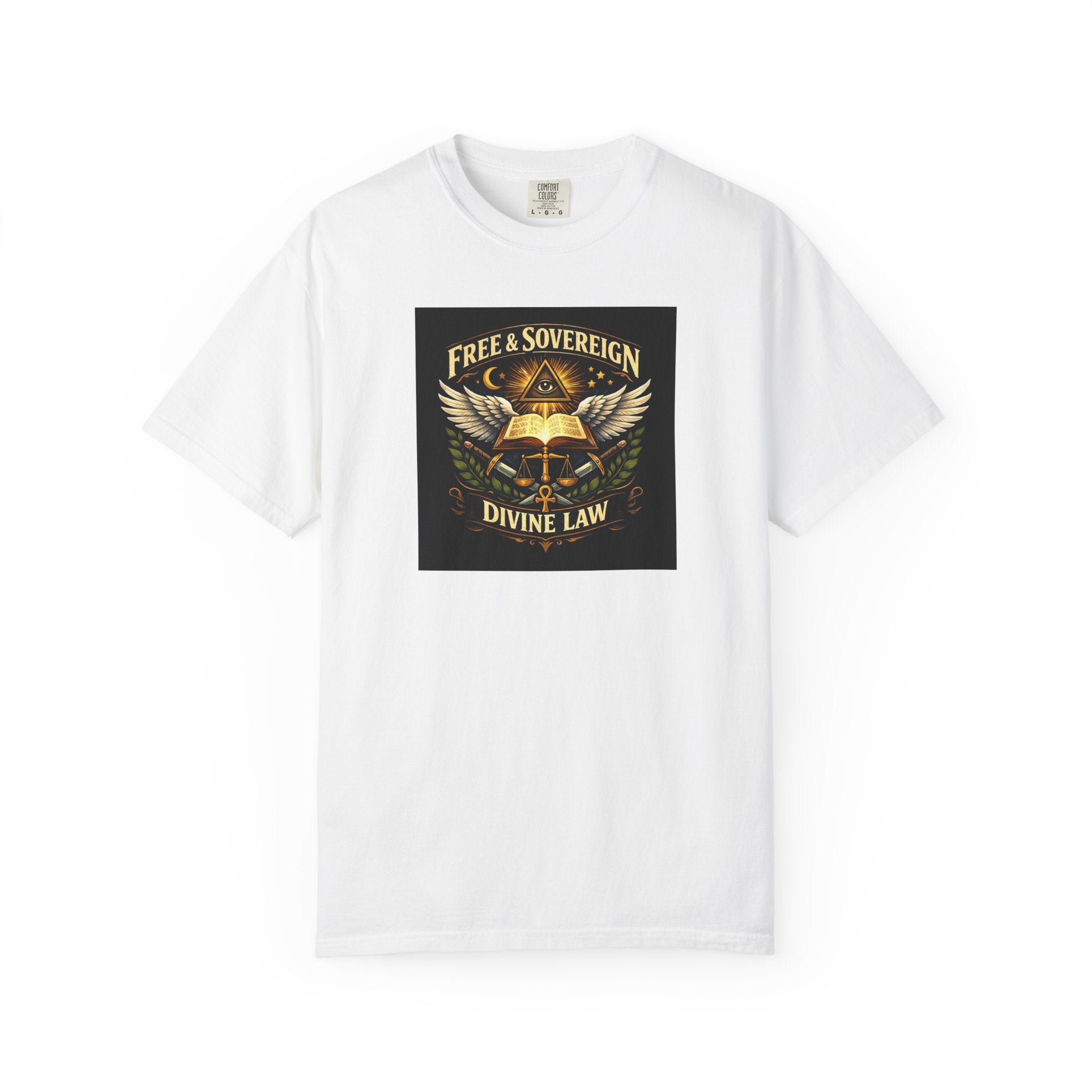 Divine Law Graphic T‑Shirt — "Free & Sovereign" Winged Book Design