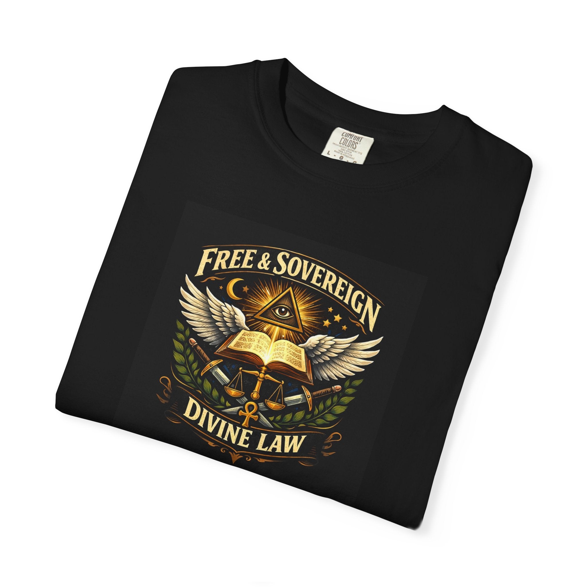 Divine Law Graphic T‑Shirt — "Free & Sovereign" Winged Book Design