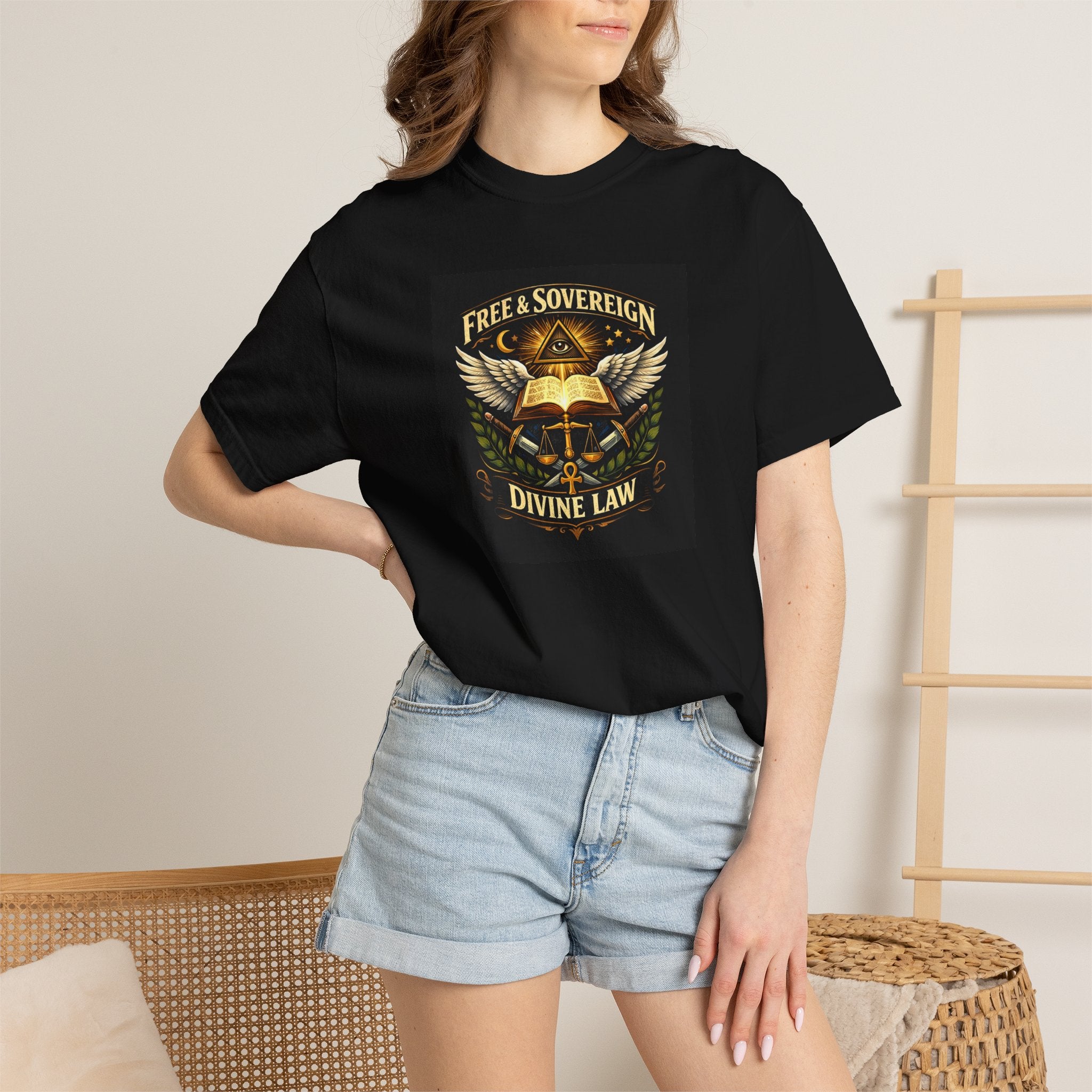 Divine Law Graphic T‑Shirt — "Free & Sovereign" Winged Book Design