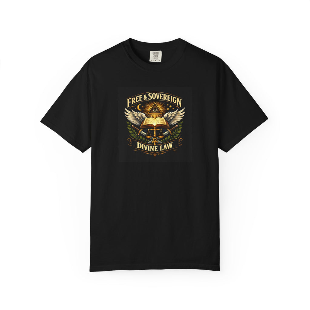 Divine Law Graphic T‑Shirt — "Free & Sovereign" Winged Book Design