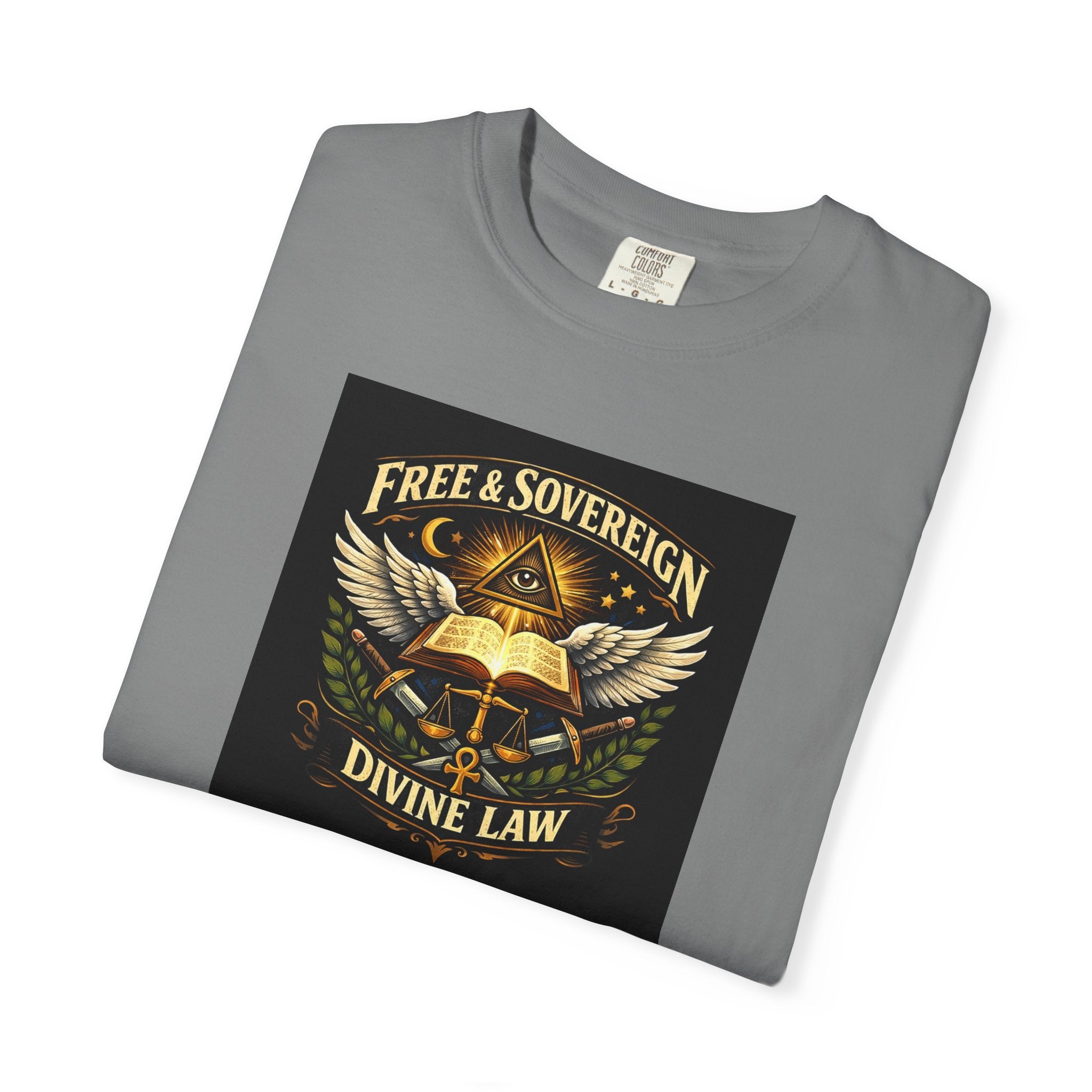 Divine Law Graphic T‑Shirt — "Free & Sovereign" Winged Book Design