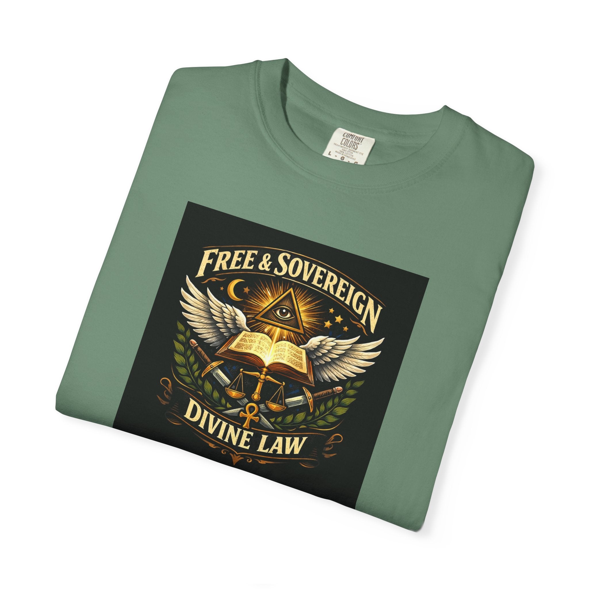 Divine Law Graphic T‑Shirt — "Free & Sovereign" Winged Book Design